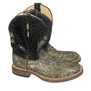 Ferrini Black Caiman Print & Metallic Floral Lace Western Boots Women’s Size 7.5